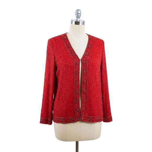 Krishma Jackets & Blazers - Vtg KRISHMA Women's Red Open Cardigan Evening Jacket Sequined Beaded Plus‎ Sz 2X